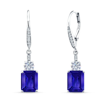 Emerald Cut Oblong Drop Dangle Leverback Earring Blue Sapphire CZ 925 Sterling Silver